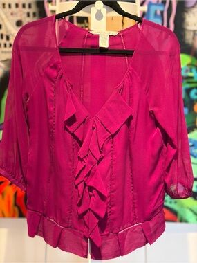 Diane Von Furstenberg Ruffle-Front Sheer Blouse in Hot Pink